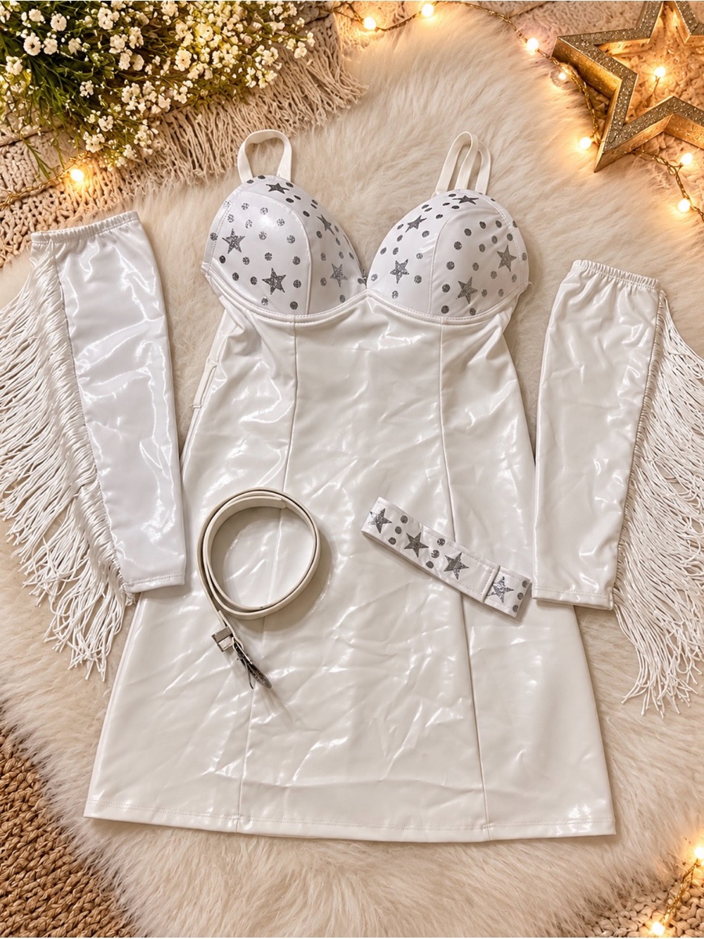 Women’s White Vinyl Space Girl Costume Mini Dress Silver Stars Y2K Cosplay